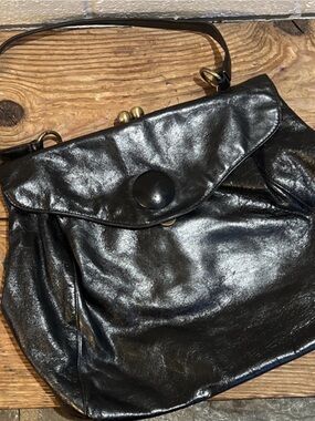 Hobo International Black Top Handle Bag Button Accent Kiss Lock Gold Hardware W…